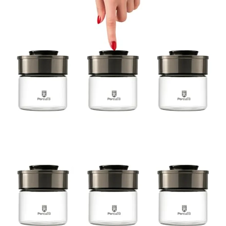BURI Vorratsglas Vakuumglas 6er Set 450ml, luftdicht, mottensicher, auslaufsicher, stapelbar, spülmaschinenfest mit Edelstahl Deckel und Easy Click Mechanismus – Bild 1