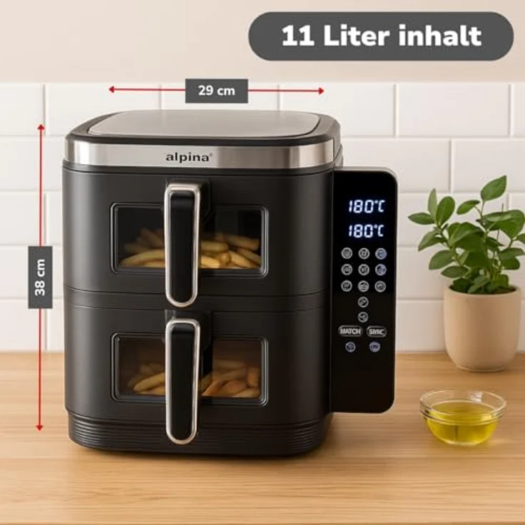 alpina Double Airfryer XXL, Heißluftfritteuse mit 11L und 2 Kammern, für 8 Personen, faltbares Display, Timer bis 60 Minuten, Temperatur 60-200°C, Schwarz – Bild 3
