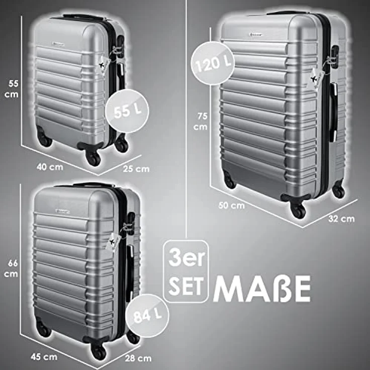 KESSER® 3pcs Hartkoffer Koffer Set Reisekoffer Set Trolley Koffer inkl. Gepäckwaage + Gepäckanhänger Rolling Kofferschloss 4 Rollen ABS Hartschale Teleskopgriff M-L-XL, Silber – Bild 2