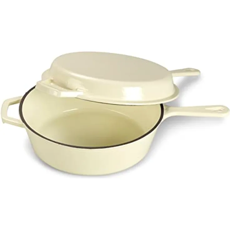 Echtwerk Schmortopf und Grillpfanne 2-in-1 Set, Gusseisen Bräter mit Deckel, Gusseisentopf mit Emaille-Beschichtung, Für Backöfen, Grill, BBQ und Induktion geeignet, Creme, 2,5 L, Ø 25,2 cm