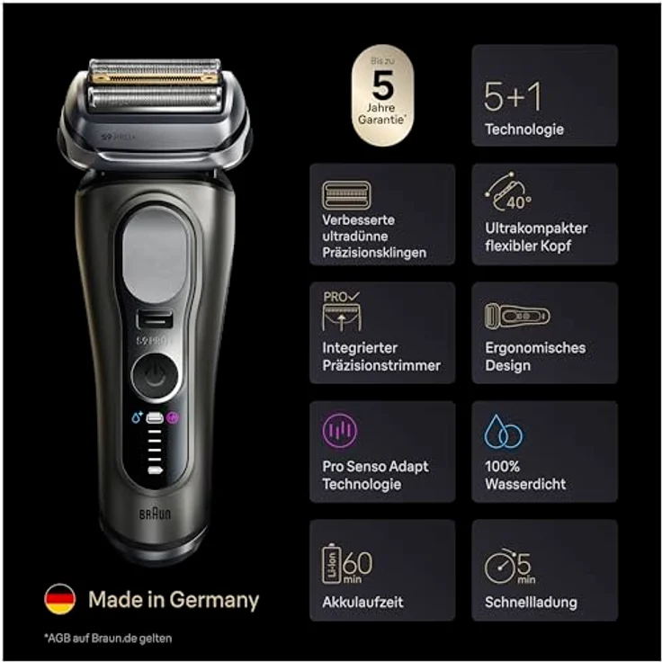 Braun Series 9 PRO+, Elektrorasierer mit fünf Scherelementen, wasserfest, automatischer Spannungsanpassung und schnellem Ladegerät – Bild 7