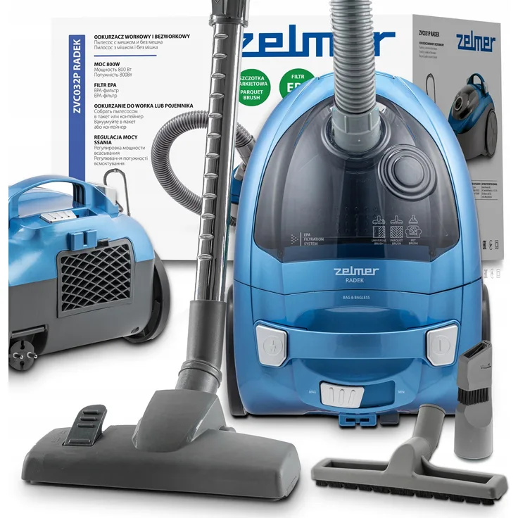 Zelmer ZVC032P Radek, Bodenstaubsauger mit 800 W, 2,5 l Beutelvolumen, EPA-Filter, blau, mit Universalbürste und Parkettdüse