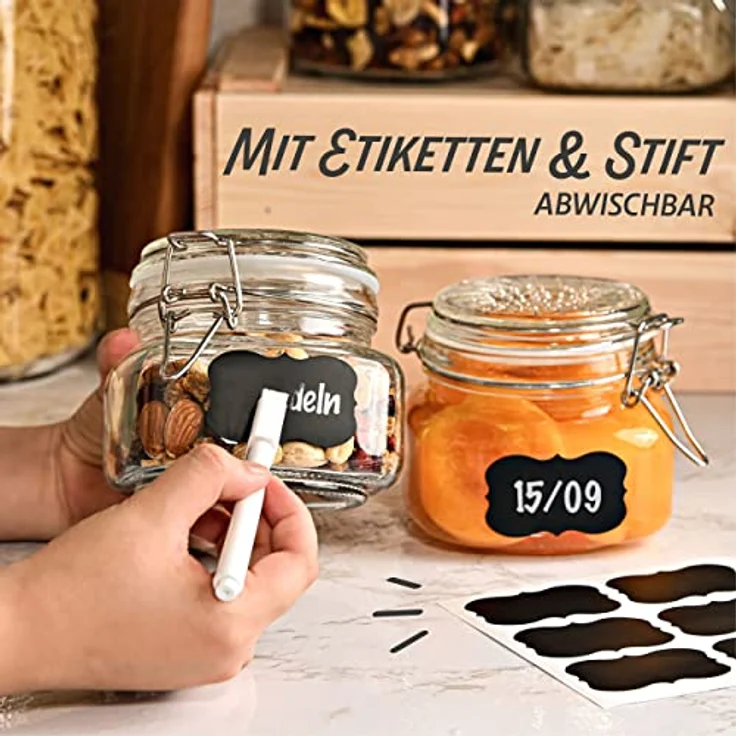 Niboline 6 Einmachgläser mit Bügelverschluss 500ml - Luftdicht, mit Etiketten, Stift und extra Silikondichtungen - Eckige Form, spülmaschinenfest – Bild 5