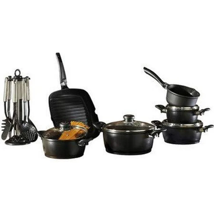 Krüger Aluguss-Set 17-teilig - antihaft-versiegeltes Topf- und Pfannenset mit Küchenhelfer - hohe Hitzebeständigkeit und langanhaltende Wärmespeicherung (Schwarz) – Bild 4