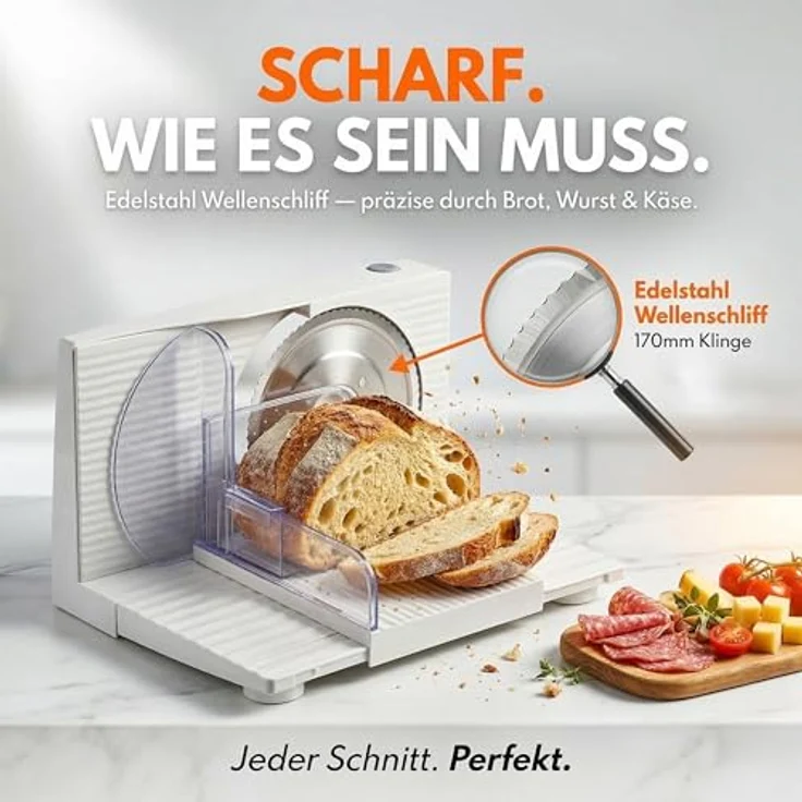 Sommertal Allesschneider AS170 150W Edelstahlmesser mit Wellenschliff, 0-15mm, klappbar, elektrische Schneidemaschine Brotschneidemaschine weiß – Bild 5