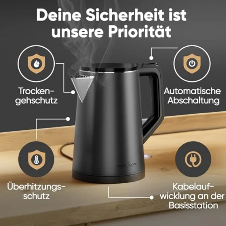 ProfiCook® Wasserkocher PC WK 1290, 1,5 Liter, 2200W, doppelwandiges Thermogehäuse, Einhandbedienung, matte Edelstahloberfläche, Graphit – Bild 5