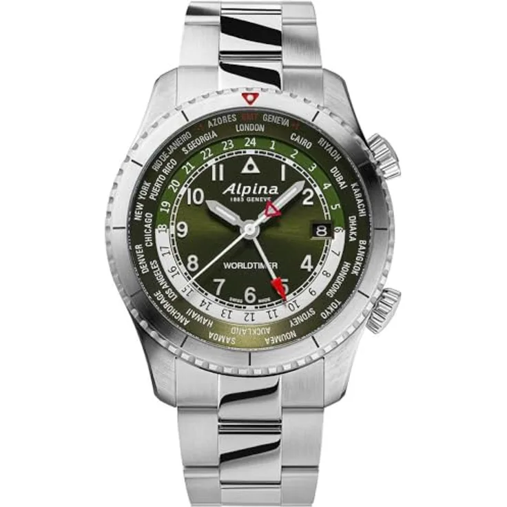Alpina Al-255GR4S26B Startimer Pilot Worldtimer Herrenuhr, Analog mit Edelstahl Armband, 41mm, 10ATM