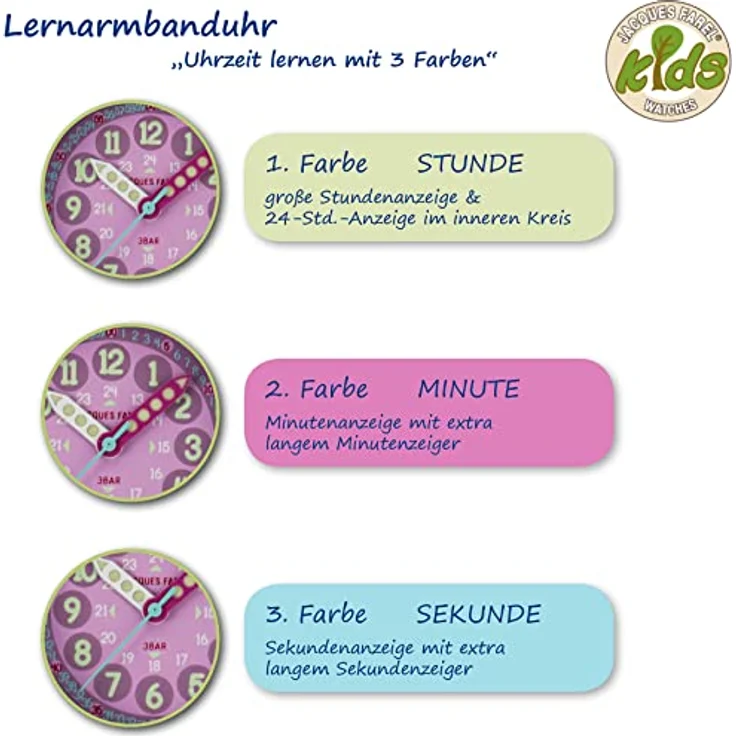 JACQUES FAREL Lernuhr Öko Kinderuhr Mädchen Armbanduhr in Lila Violett aus Bio-Baumwolle, Analog Quarz mit Lernzifferblatt, Nachhaltig ORGT 1112 – Bild 3