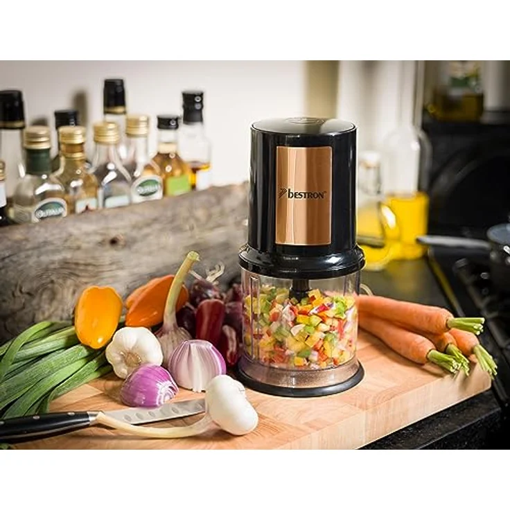 Bestron elektrischer Multi-Zerkleinerer, Universalzerkleinerer mit zwei Schneidemessern & 500ml Kapazität, große Pulstaste, 400 Watt, Farbe: Kupfer – Bild 3