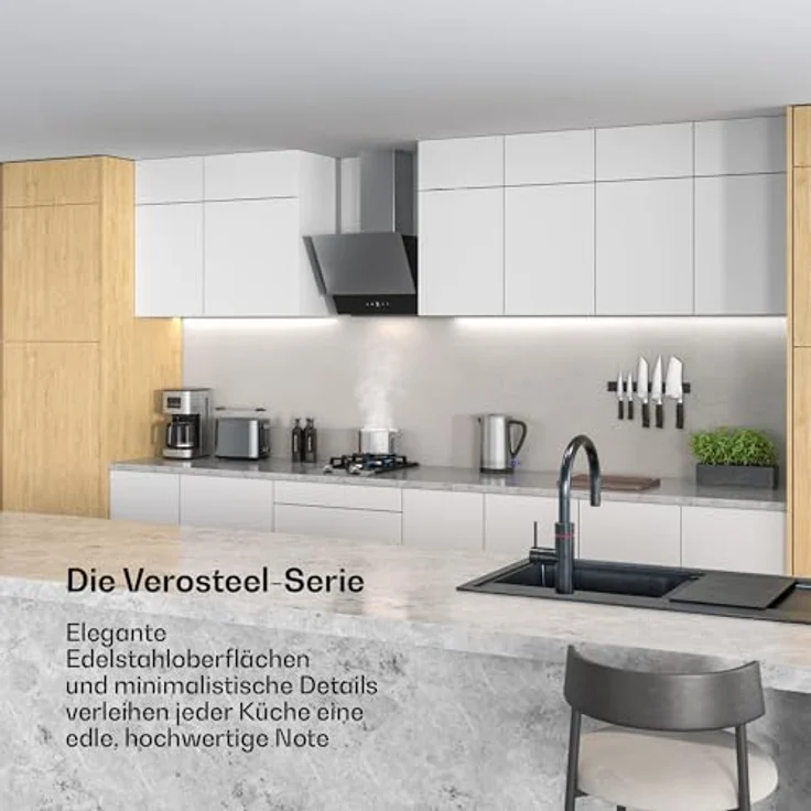 Klarstein Verosteel Dunstabzugshaube 45 cm, Kopffreihaube mit 624 m³/h, A++ Energieeffizienz, Touch-Bedienung, LED-Beleuchtung, Edelstahl & Glas, spülmaschinenfester Filter – Bild 2