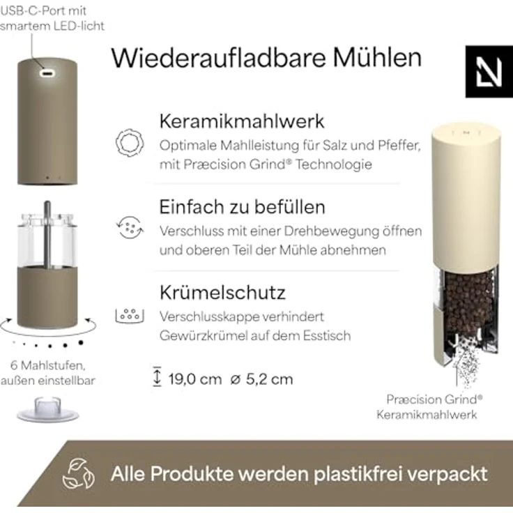 LARS NYSØM Salz- und Pfeffermühle Elektrisch 2er Set aus Edelstahl mit einstellbarem Keramik-Mahlwerk, USB-C wiederaufladbar, Brown/Beige, mit LED-Licht und Krümelschutzdeckel – Bild 4