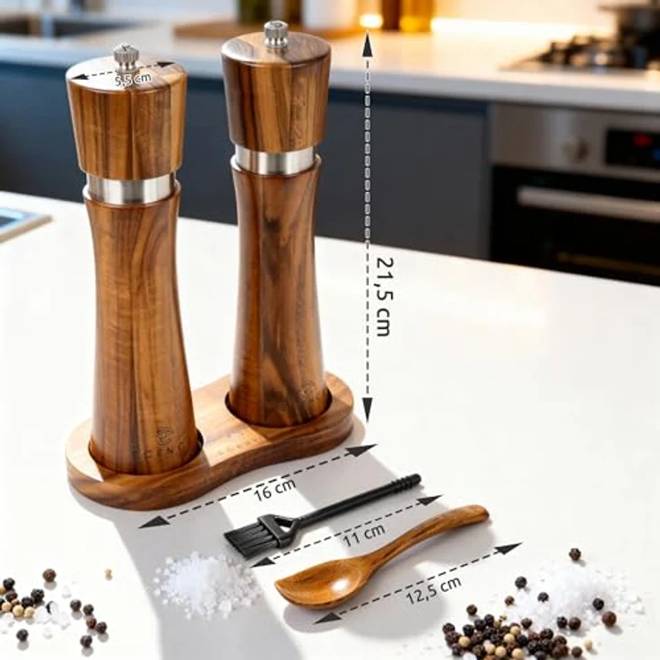 ECENCE Salz-/Pfeffermühle Holz 2er Set aus Akazienholz, Gewürzmühle mit Keramikmahlwerk und Untersetzer – Bild 6