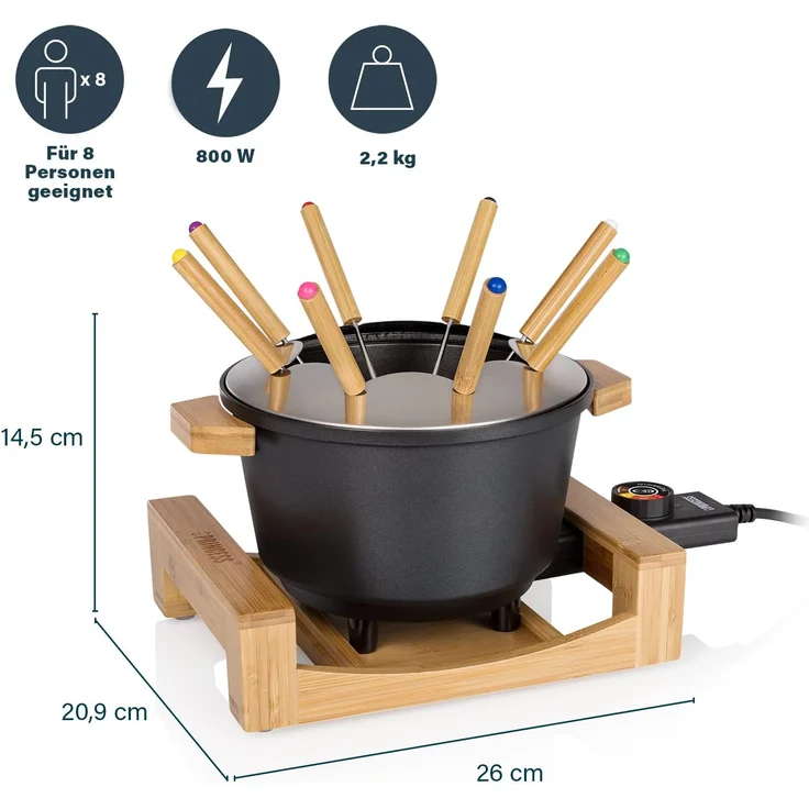 Princess 173025 elektrisches Fondue, mit Bambusausführung, 8 Gabel, 2 Meter Kabellänge, 1,5L Fassungsvermögen, 800 Watt – Bild 3