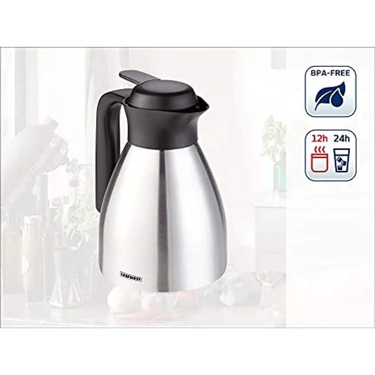 Leifheit Shine 0, 6 L Isolierkanne, 100% dicht, Thermoskanne mit doppelwandigem Edelstahl-Isolierkörper, praktisches Öffnen und Schließen mit einer Hand, Kaffekanne, Teekanne, silber schwarz – Bild 2