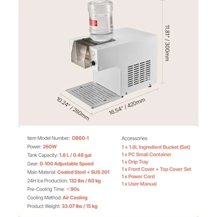 VEVOR Schneeflocken-Eismaschine DB60, 60 kg/Tag Eis-Rasiermaschine mit Edelstahlklinge, 1,8 L Tank, 90-s Schnellkühlung, für Zuhause und kleine Veranstaltungen – Bild 7