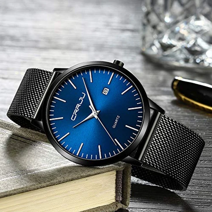 CRRJU Ultra Dünne Herren Uhr, Wasserdichte Armbanduhr mit Schwarz Blauem Zifferblatt und Edelstahlband Mesh, Analog Quarz Business Uhr – Bild 4