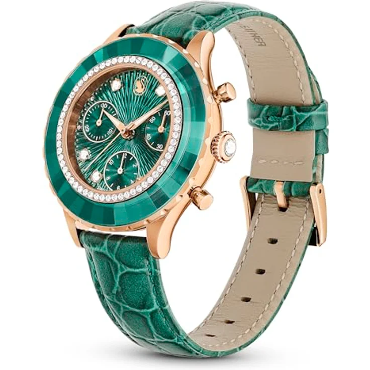 Swarovski Octea Chrono Uhr, Schweizer Produktion, Lederarmband, Grün, Roségoldfarbenes Finish – Bild 2