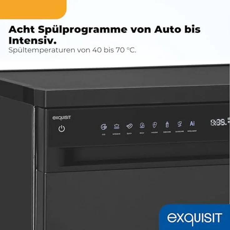 Exquisit GSP9616-450B, Stand-/Unterbau-Geschirrspüler in schwarz, 16 Maßgedecke, Energieklasse B, 45 dB, 8 Programme, Besteckschublade, Halbe Beladung – Bild 6