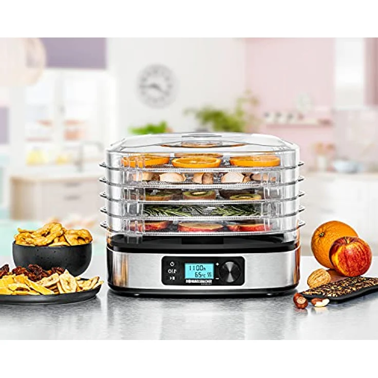 Rommelsbacher DA 350 Dörrautomat, 350W, 5 Ablagen, Signalton, Abschaltautomatik, Drehregler, mit Timer, LCD-Display, edelstahl-schwarz – Bild 4