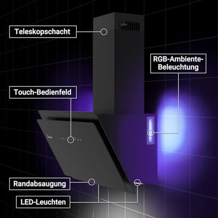 KKT KOLBE SOLO8005SM Dunstabzugshaube 80 cm, 782 cbm/h, Umluft/Abluft, Kopffrei, Schwarz, Smart WiFi, SensorTouch, RGBW LED-Beleuchtung, Nachlaufautomatik, A+++ – Bild 4