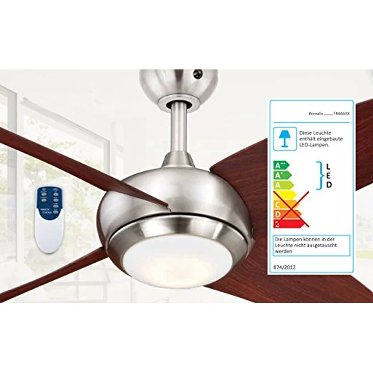 AireRyder Deckenventilator Borealis mit Beleuchtung und Fernbedienung, Gehäuse Satin Nickel, Flügelfarbe Walnuss, 122 cm – Bild 3