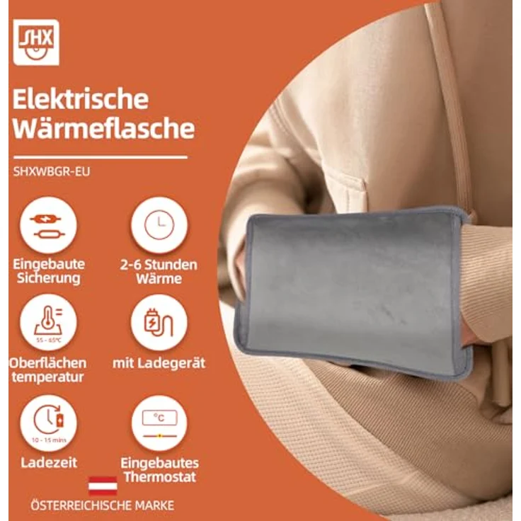 SHX SHXWBGR-EU Elektrische Wärmeflasche, Grau/Weiß, 450 W, bis zu 6 Stunden Wärme, mit Thermostat und explosionsgeschütztem Ladegerät – Bild 2