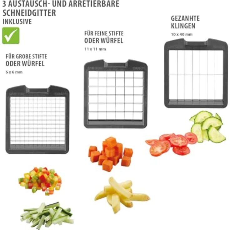 GEFU Würfel- und Stifteschneider mit Behälter, 3 Einsätze für Würfel, Stifte & Scheiben, Edelstahlklingen, 1000 ml, spülmaschinenfest, Antirutsch – Bild 5