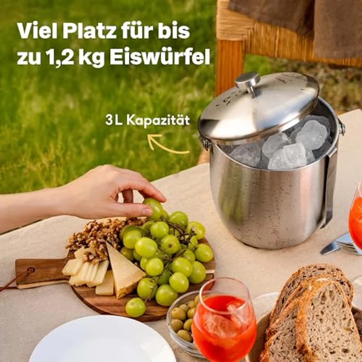 SILBERTHAL Eiswürfelbehälter Edelstahl 3L, Doppelwandig Isoliert mit Deckel & Zange, Eiskübel für Cocktails, Wein und Sekt – Bild 3