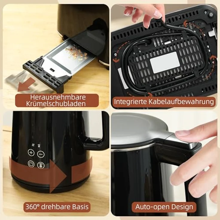 HOMCOM Toaster und Wasserkocher Set, 1,5L Wasserkocher mit 2200W und 7 Temperatureinstellungen, Toaster für 2 Scheiben mit 7 Bräunungsstufen, Schwarz/Silber – Bild 9