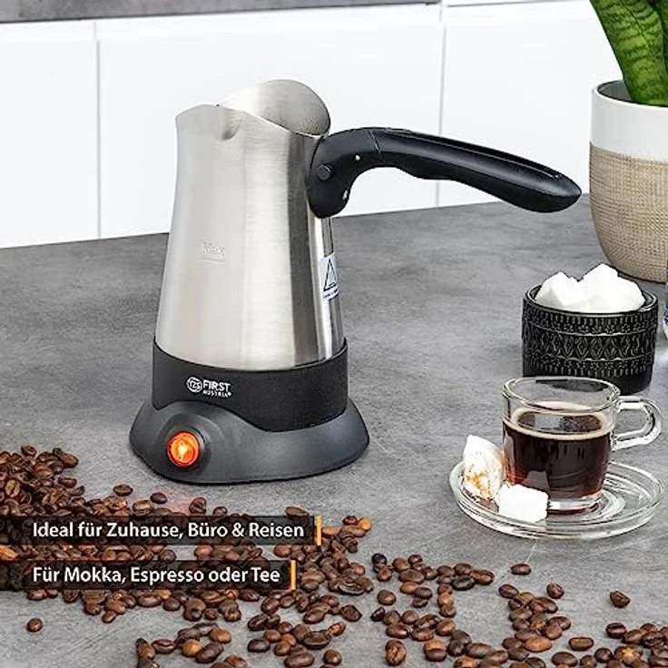 TZS FIRST AUSTRIA Kaffeebereiter, Edelstahl Mokkakocher mit 800W Leistung, 300ml, 360° drehbare Basisstation, klappbarer Griff, auch als Wasserkocher verwendbar – Bild 7