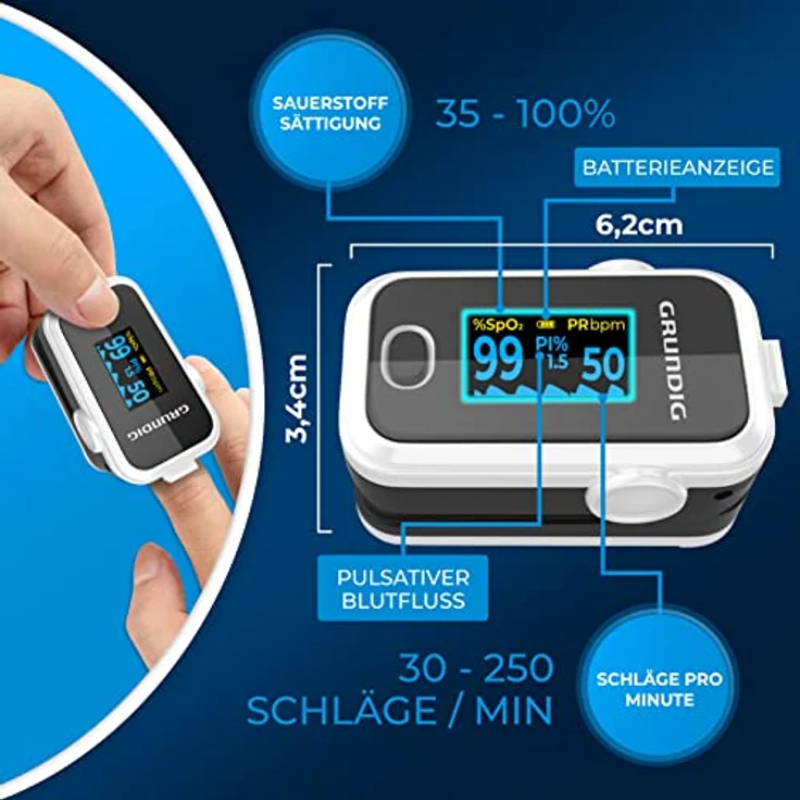GRUNDIG Pulsoximeter Sauerstoffsättigung Oximeter - Hochpräzises Fingeroximeter Messgerät zur klinisch genauen Bestimmung der Sauerstoff Sättigung im Blut - Finger Messgerät mit Pulsmesser Test - Preisvergleich – Bild 3