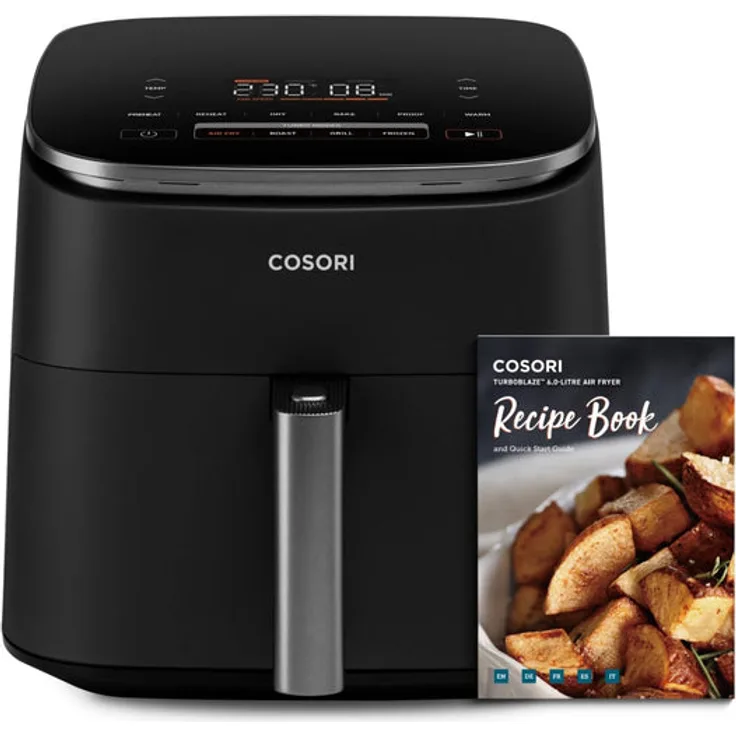 COSORI Turboblaze Heißluftfritteuse Airfryer XXL 6L Schwarz-Silber, leiser DC Motor, 5 Geschwindigkeitsstufen, 87 Rezepte, energiesparend