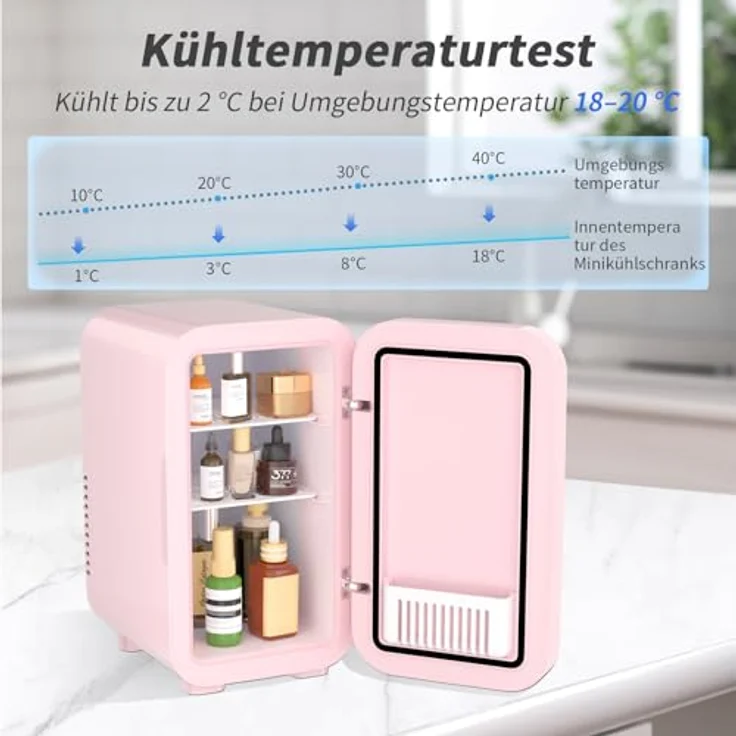 YASHE Mini-Kühlschrank 6 Liter, tragbarer thermoelektrischer Kühler für Lebensmittel und Hautpflege, pink, AC/DC, geräuscharm – Bild 4