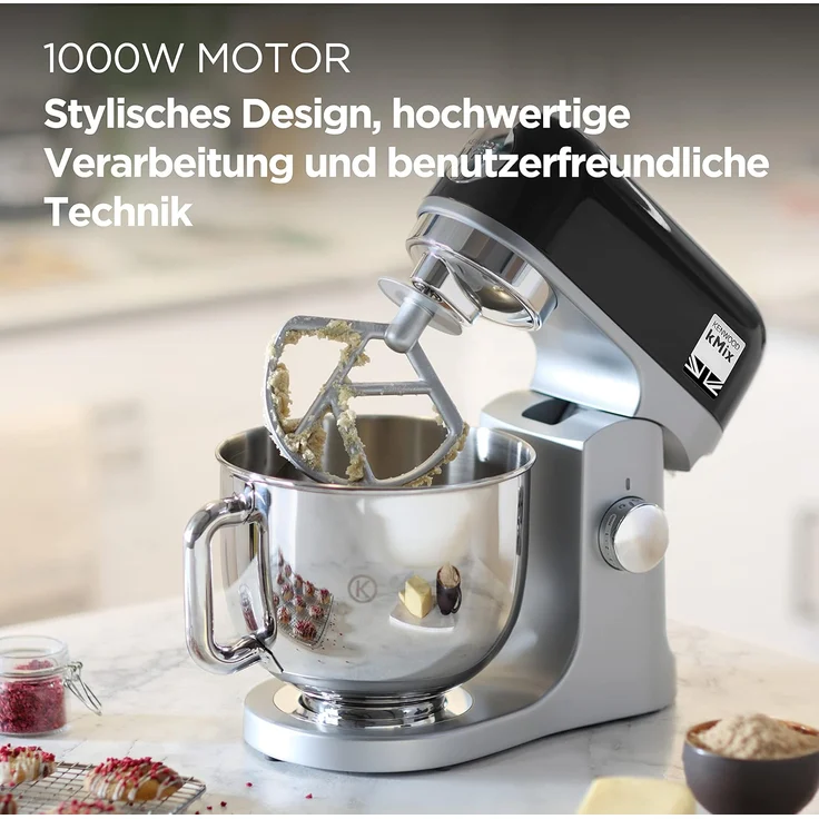 Kenwood kMix KMX750BK Küchenmaschine, 5 l Edelstahl Schüssel, Safe-Use-Sicherheitssystem, Metallgehäuse, 1000 Watt, inkl. 3-Teiligem Patisserie-Set und Spritzschutz, schwarz,Serie: kMix – Bild 2