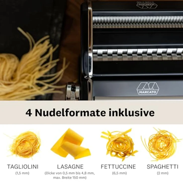 Marcato Atlas+ Nudelmaschine, 4-in-1 Pasta Maker für Lasagne, Fettuccine, Tagliolini und Spaghetti, eloxiertes Aluminium, hergestellt in Italien, kompatibel mit zusätzlichem Zubehör – Bild 3