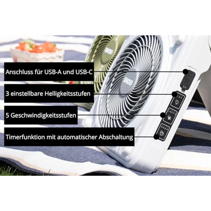 Unold Solarventilator Camping 86516, Akku-Solar-Ventilator mit 5 Geschwindigkeitsstufen, 5000-mAh Powerbank und IPX4 Spritzwasserschutz, Grün – Bild 4