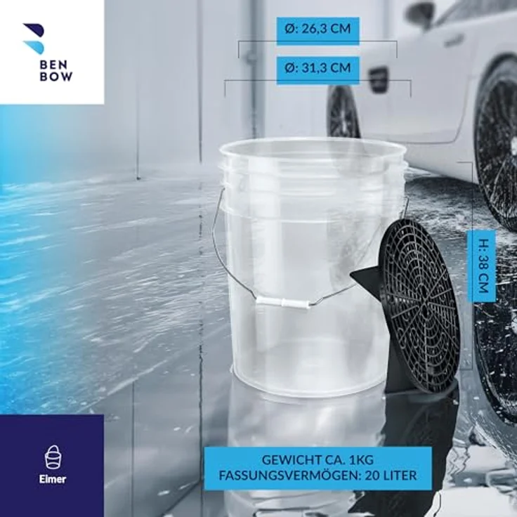 BENBOW Wascheimer mit Schmutzsieb - 20 Liter, transparent - Robust, langlebig und ideal für die professionelle Hand-Autowäsche und Werkstattanwendungen – Bild 2