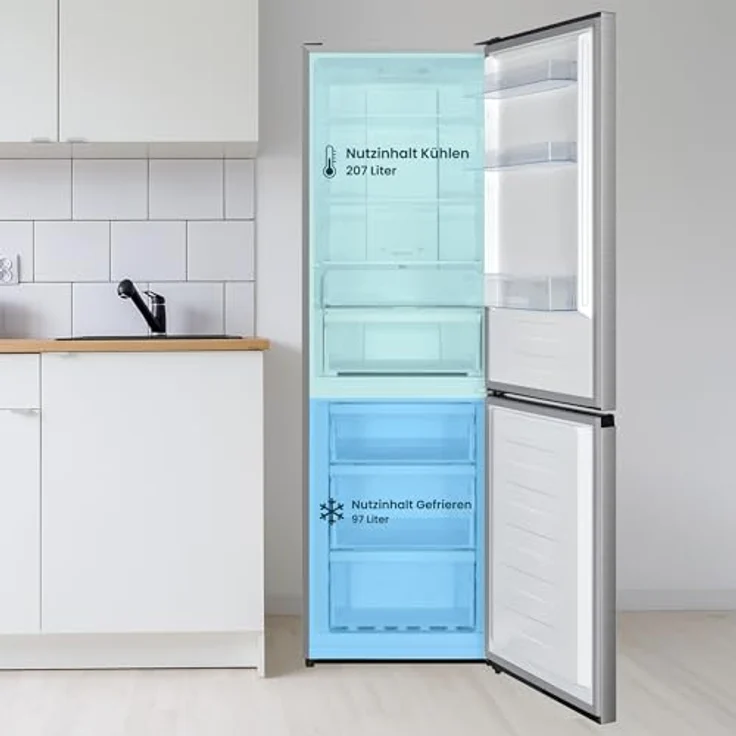homeX CFSN3041A-S, Kühl-Gefrier-Kombination No Frost, 304 Liter, freistehend, leise 35 dB, Silber – Bild 6