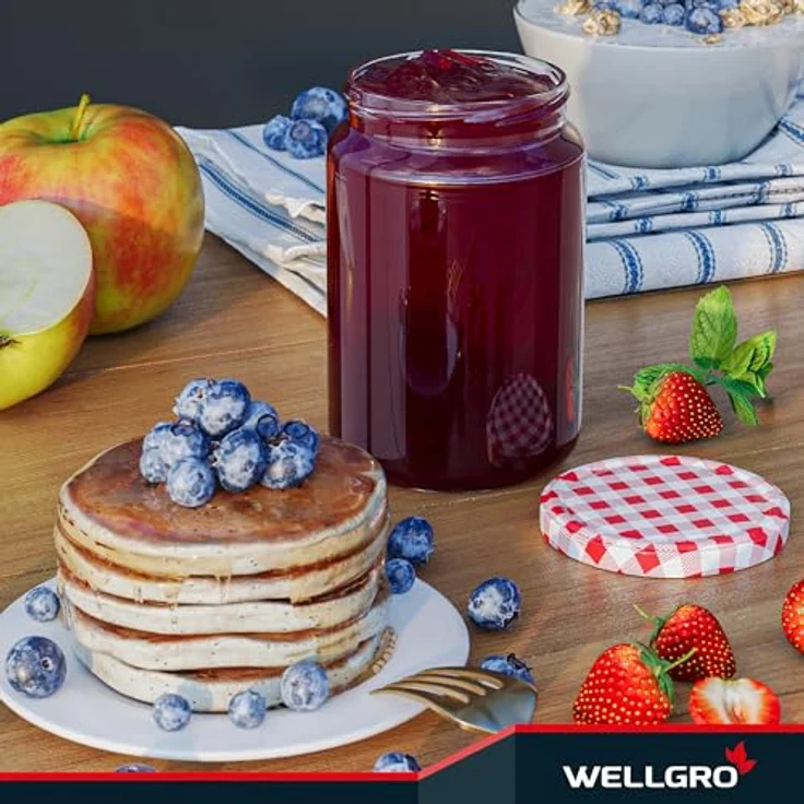 WELLGRO Einmachgläser TO 82, luftdichte Rundgläser mit Schraubdeckel, rot kariert, 635ml, 12 Stück, Made in Germany – Bild 3