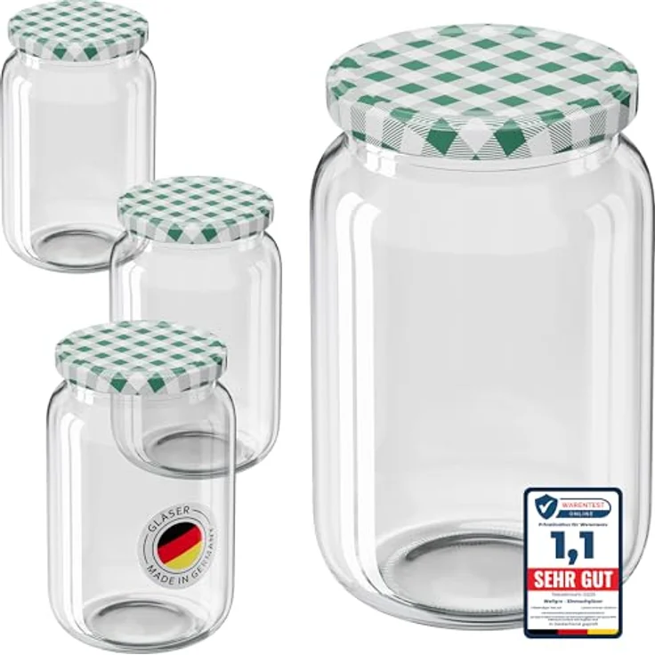 WELLGRO 6x Einmachgläser mit Schraubdeckel, 720ml, grün kariert, Made in Germany, luftdicht und spülmaschinengeeignet – Bild 1