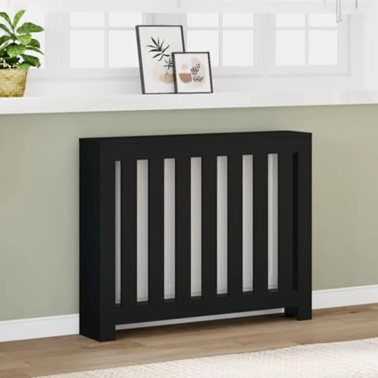 vidaXL Heizkörperverkleidung Schwarz, 104x20x82 cm, Holzwerkstoff mit modernem Latten-Design und pflegeleichter Oberfläche – Bild 2