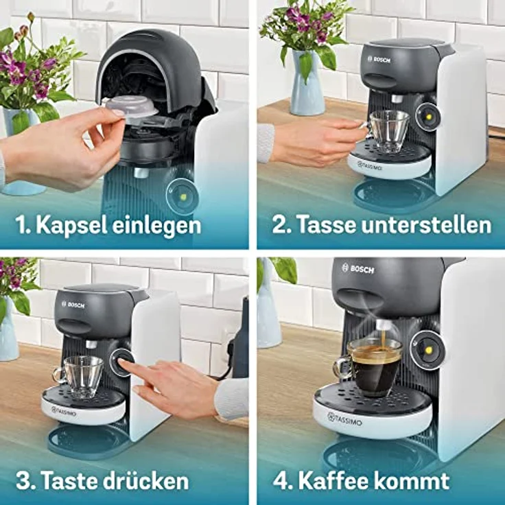 Tassimo Finesse Kapselmaschine TAS16B4 Kaffeemaschine by Bosch, 70 Getränke, intensiverer Kaffee auf Kopfdruck, Abschaltautomatik, perfekt dosiert, platzsparend, 1400 W, 0,7l, weiß/dunkelgrau – Bild 4
