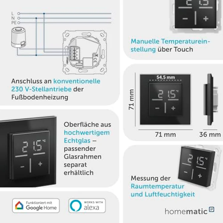 HomeMatic Homematic IP Glas-Wandthermostat HmIP-WGT-A, elegantes Echtglas-Design, steuerbar via App und Sprachassistenz, Schwarz – Bild 3