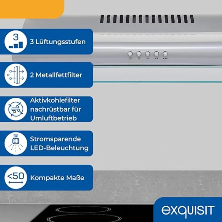 Exquisit UBH50-020 Dunstabzugshaube, 50cm breit, Abluftbetrieb, Edelstahloptik, 3 Lüftungsstufen, Metallfettfilter – Bild 3