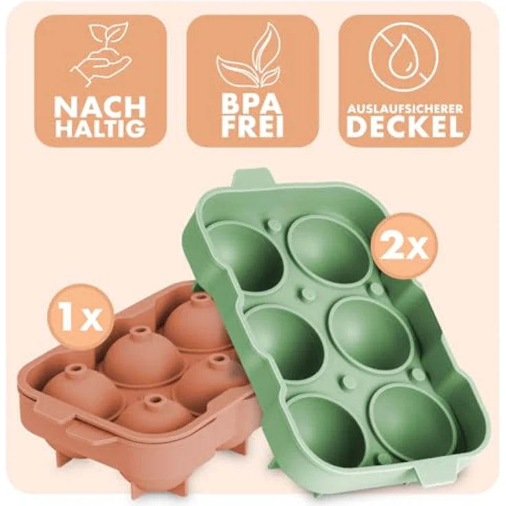 Blumtal Eiswürfelformen Silikon 3er Set, BPA-freie Eiskugelform mit Deckel, 6er Ice Ball Maker, Olivgrün + Mineral Rot – Bild 2