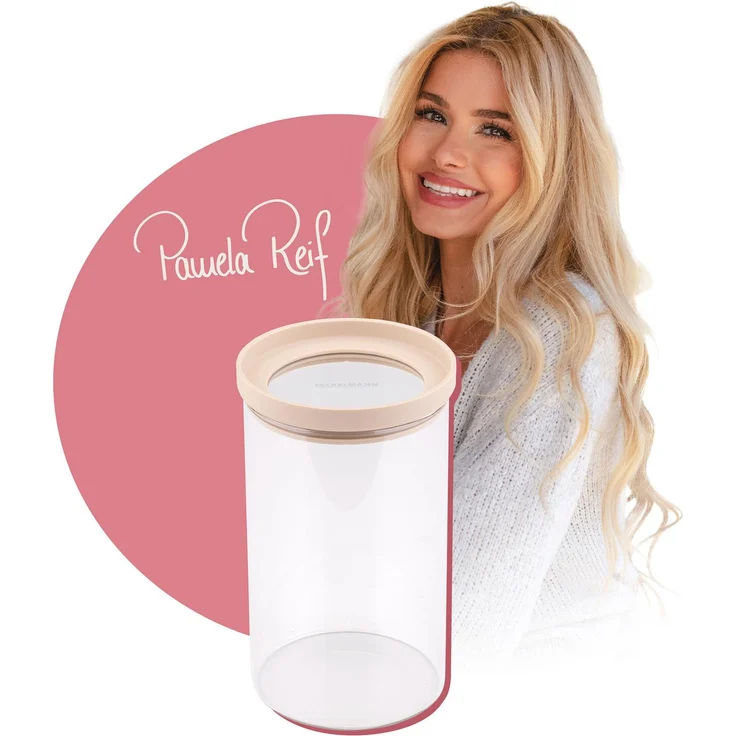 Fackelmann x Pamela Reif Vorratsbehälter 1000 ml aus Glas mit pastellbeigem Glasdeckel, stapelbar und spülmaschinenecht