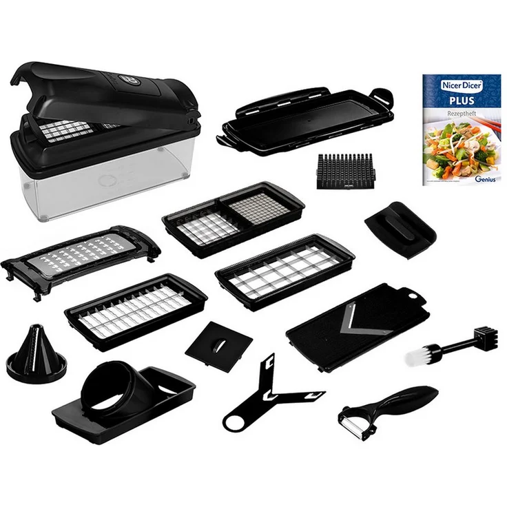 Genius Nicer Dicer Plus, Gemüseschneider 17-tlg Jubiläums-Edition im edlen Schwarz, inkl. Auffangbehälter mit Frischhaltedeckel und Edelstahlklingen