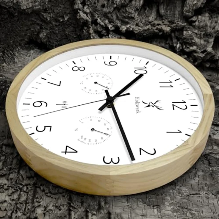 Holzwerk MEERSBURG Funkwanduhr, Holz-Wanduhr mit Temperaturanzeige und Hygrometer, lautloses Uhrwerk, Buche Weiß, 30 cm – Bild 4