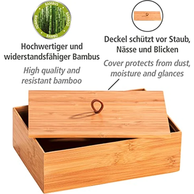WENKO Bambus Box Terra mit Deckel L, Organizer-Dose für Küche, Bad und den gesamten Haushalt für Badartikel, Küchenutensilien oder Süßigkeiten, mit praktischer Schlaufe, 22 x 7 x 15 cm, Natur – Bild 2