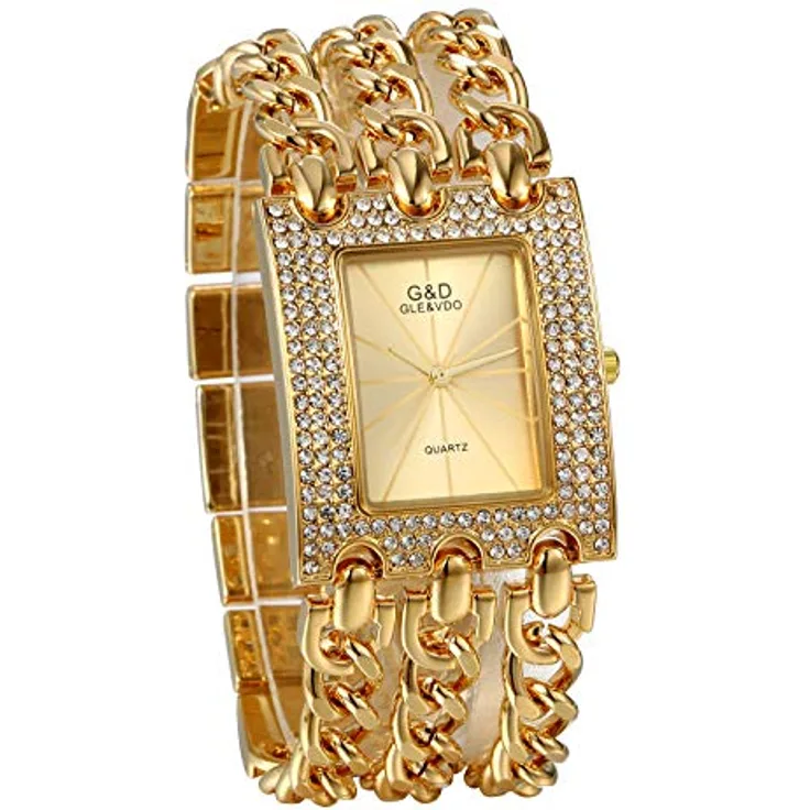 JewelryWe Damen Uhr Elegant Analog Quarz Armbanduhr mit Strass, rechteckig, dreifach Panzerkette Armband, Gold
